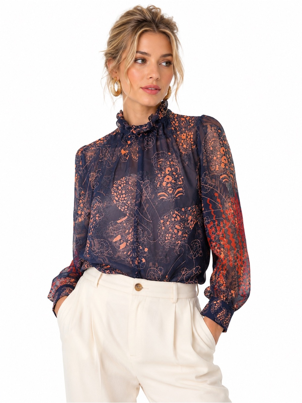 Emily Lovelock Semi Sheer Ruffle Neck Blouse Boho Romantic Floral 6 8 M